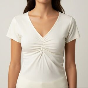 Brandy Melville Cream Short Sleeve V-Neck Top